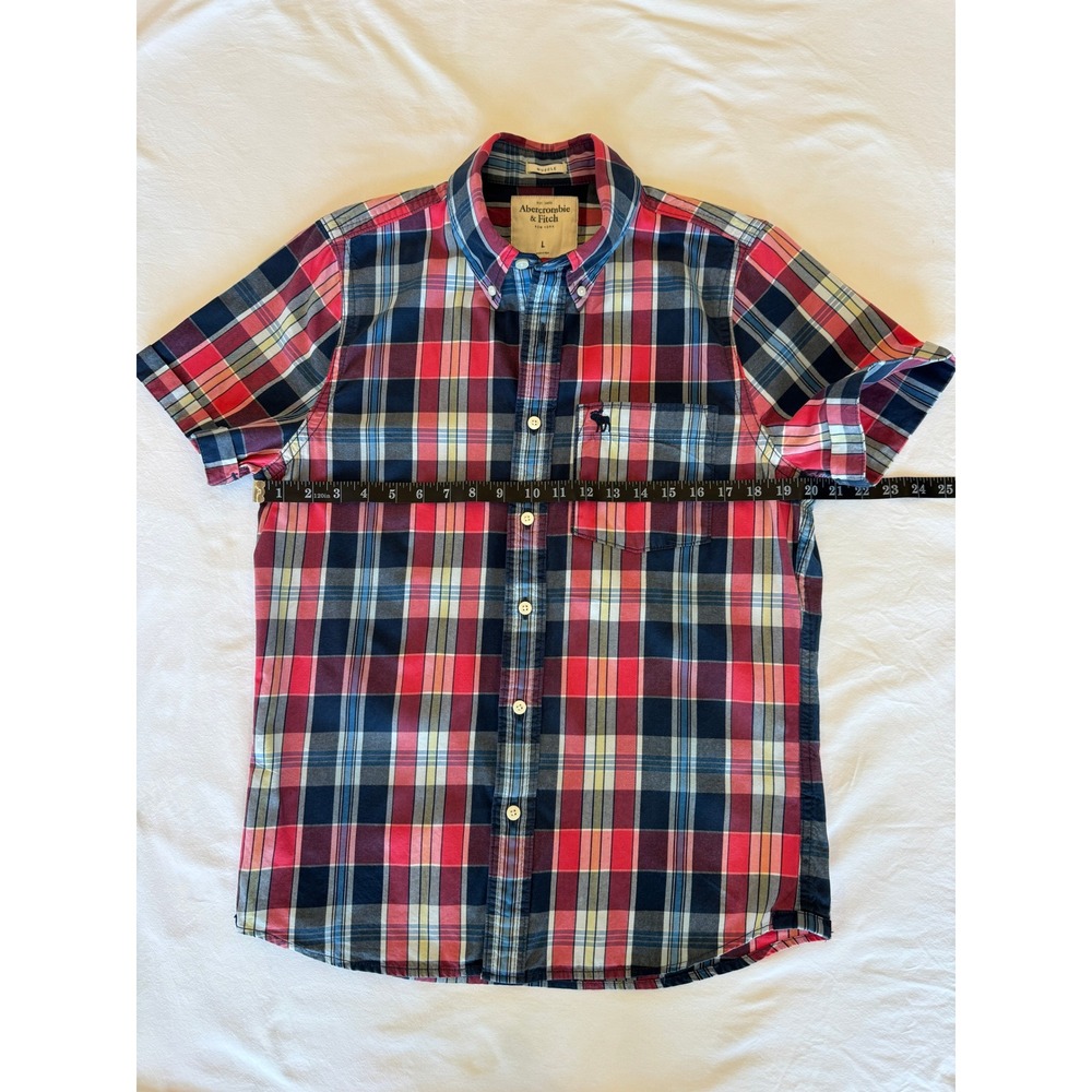 Abercrombie & Fitch Plaid Short Sleeve Button Down Muscle Fit Shirt Navy Red - Picture 2 of 7